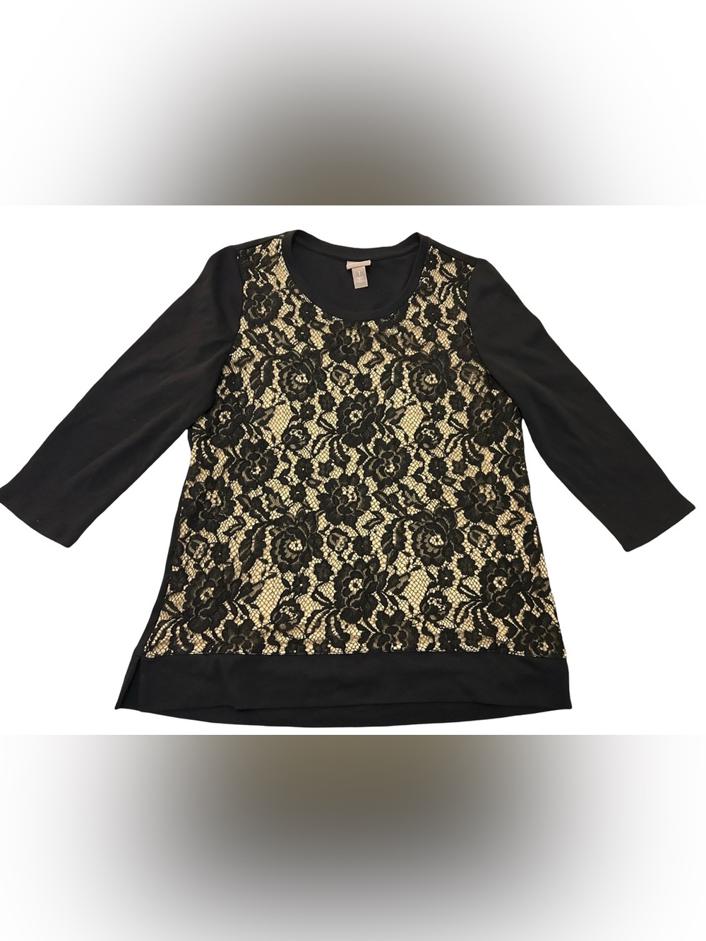 Chicos Size 1 Black & Nude Beige Soft Cotton Lace Top Blouse